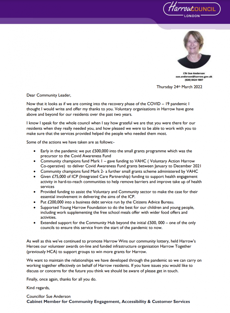 HarrowCouncil thank you letter because of our Covid - 19 pandemic help for the community 
